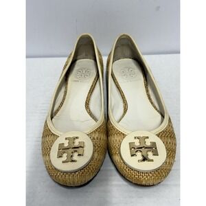 Tory Burch Raffia Ballet Flats Size 6 Gold Logo Medallion Slip On